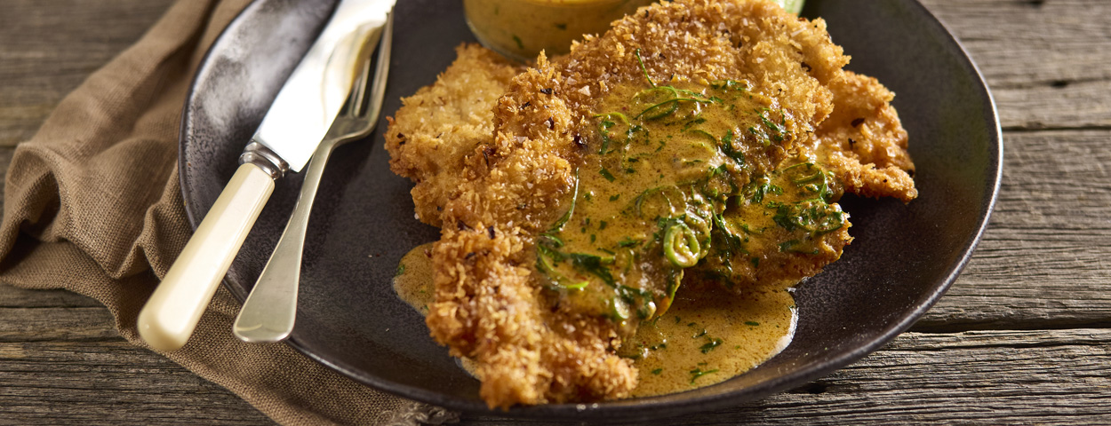 Spiced Chicken Schnitzels with Laksa Gravy