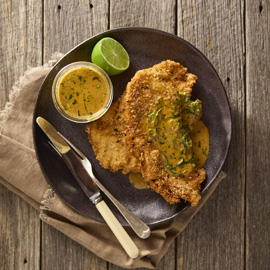 Spiced Chicken Schnitzels with Laksa Gravy